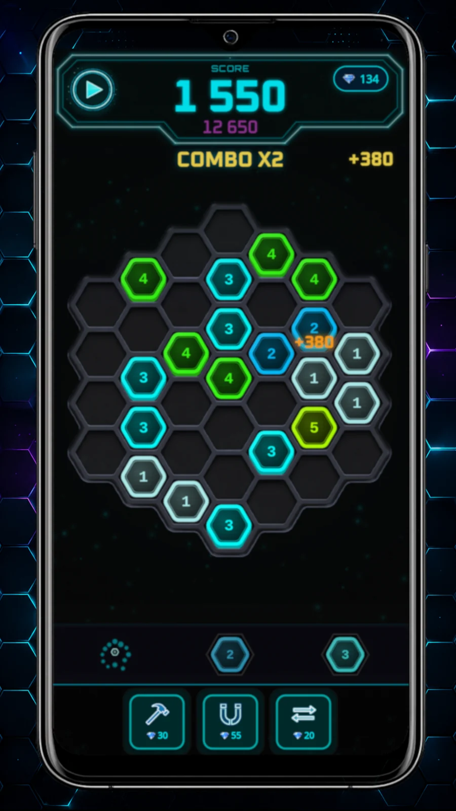 Capture Hexa-Gone montrant un combo sur la grille hexagonale
